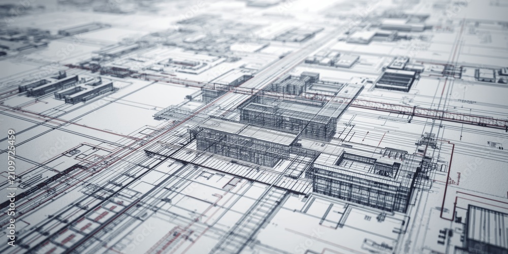 Fototapeta premium Architectural Blueprint of Urban Development - Top View, Wireframe Structure, Detailed Lines
