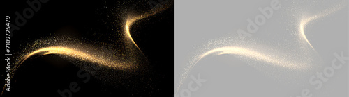 S-shaped golden glitter light trail on black and transparent background. Abstract wave design element