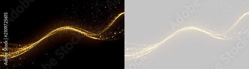 Horizontal golden glitter wave on black and transparent background. Abstract light particle flow