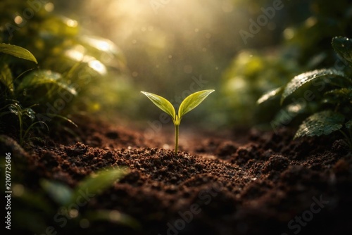 Canvastavla New Green Seedling Growing in Dark Rich Soil with Sunlight Glow and Dewy Leaves