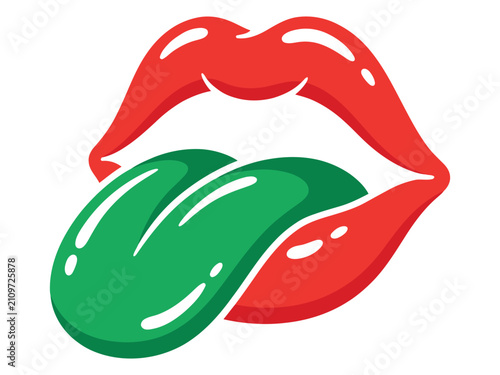 Cartoon lips with green tongue sticking out, vector illustration of a mouth with a funny expression