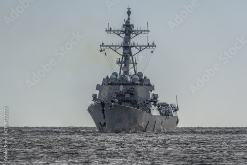 GUIDED MISSILE DESTROYER - An American warship sails on the sea
