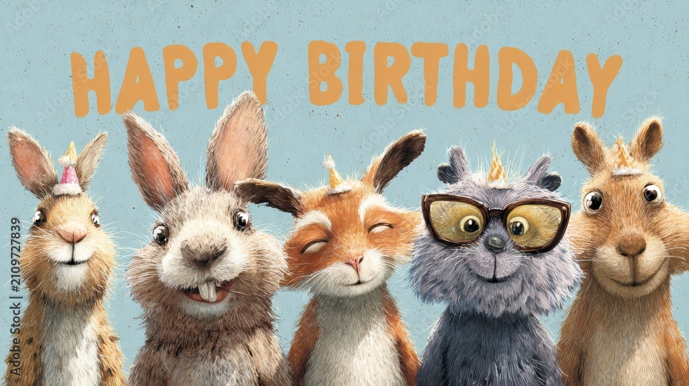 Fototapeta premium Adorable Woodland Animals Celebrating Birthday Together With Cheerful Party Hats