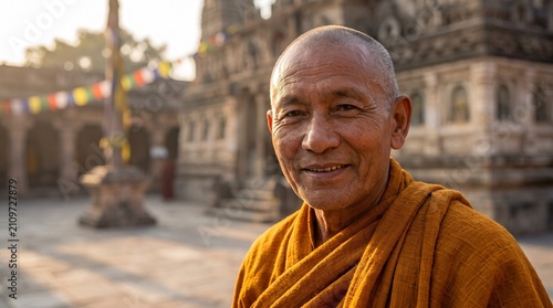 Senior Buddhist Monk Smiling in Saffron Robe at Ancient Temple