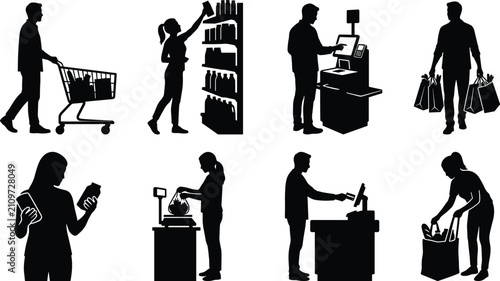 Black silhouette vector set showing shopping, retail, and customer service activities in stores
