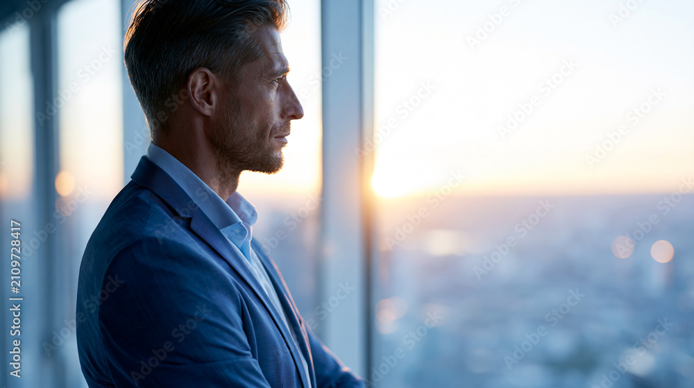 Fototapeta premium Confident businessman observing vibrant city skyline at sunrise from luxurious office representing executive vision and ambition, executive vision concept, corporate photography,