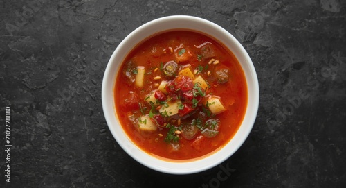 Canvastavla Vegetable Soup with Fresh Herbs in a White Bowl on Dark Background