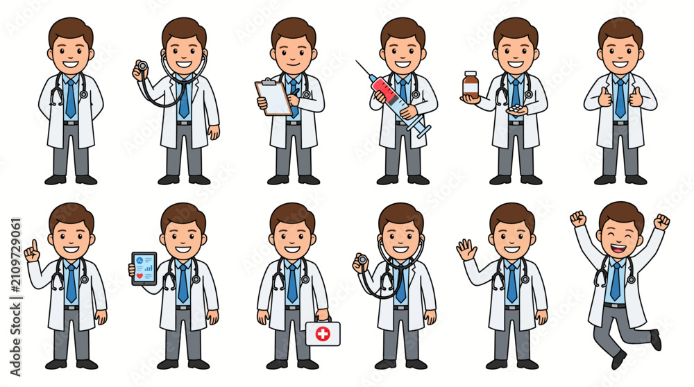 Fototapeta premium Cartoon doctor character in 12 poses. Male physician set with medical equipment and tools.