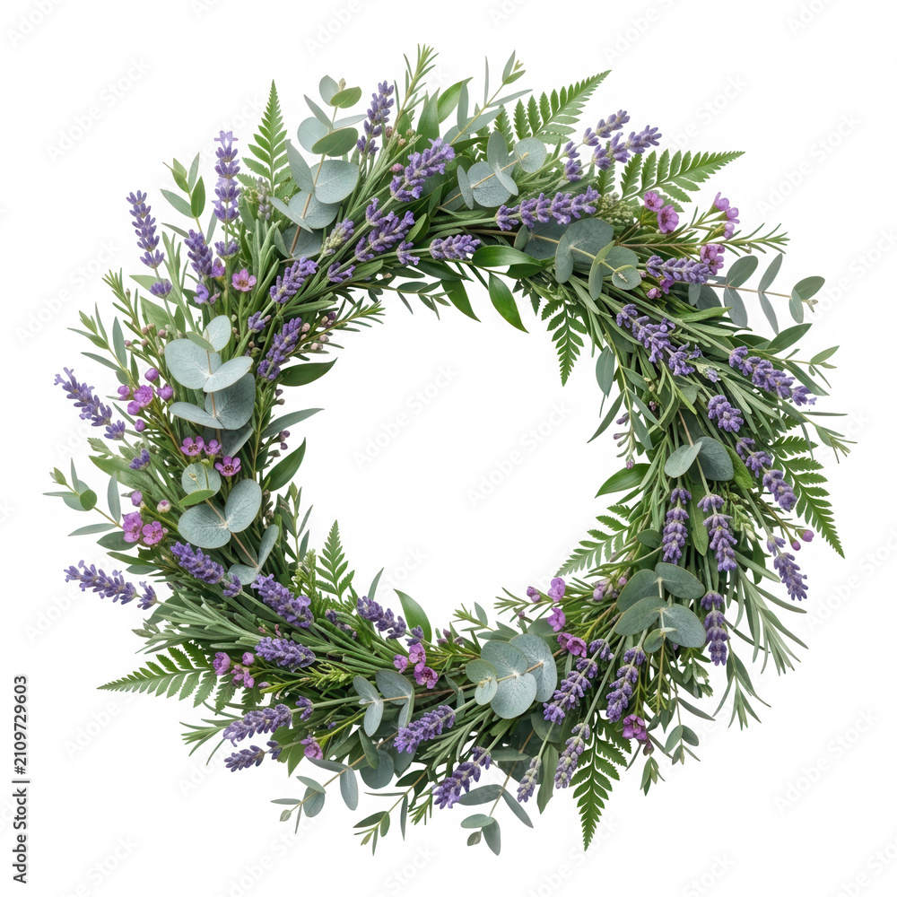 Fototapeta premium Elegant purple lavender and fern wreath with lavender botanical greenery decoration as isolated object