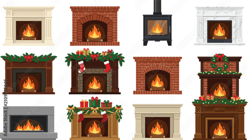 Obraz premium Fireplace Vector Element Set with Classic Brick, Marble, Wood, and Christmas Decorated Holiday Hearth Designs