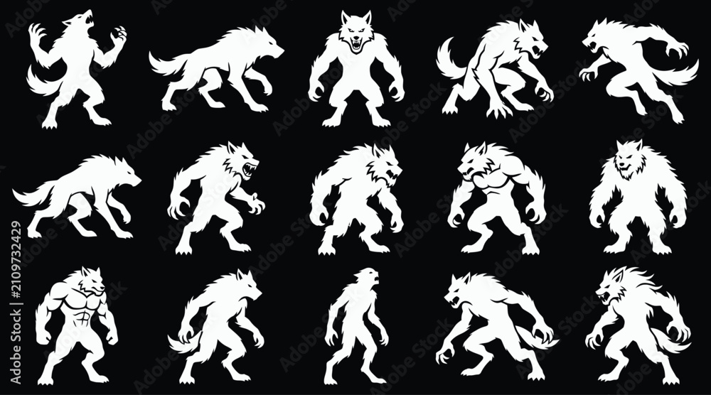 Obraz premium A comprehensive halloween vector bundle featuring various white silhouette werewolf character designs isolated on a solid black background for horror themed graphic projects