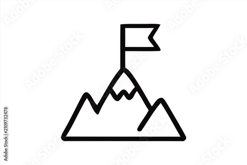 Mountain peak icon with a flag on top, symbolizing achievement, success, goal setting, and reaching the summit