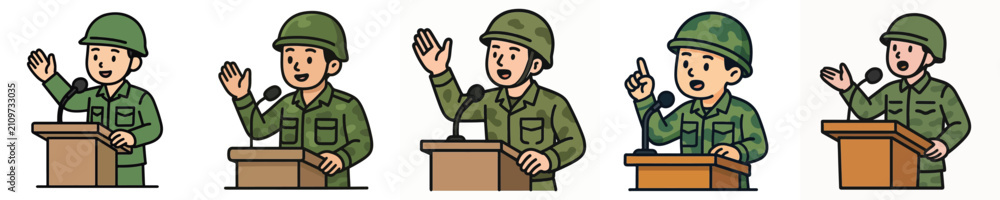 Fototapeta premium Set of vector illustrations of a soldier giving a speech