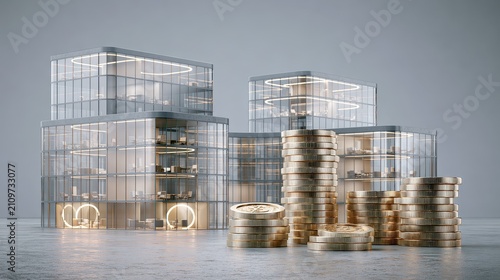 Commercial property investment, office buildings and coin stacks, 3D illustration. 
