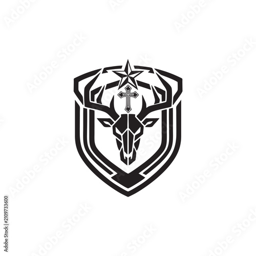 Geometric Deer Skull Shield Crest Logo Vector Illustration with Cross and Nautical Star for Outdoor, Hunting, Tactics, and Apparel Brand