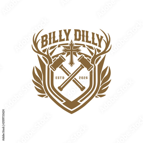 Vintage Crest Emblem Logo Design Featuring Crossed Hammers, Deer Antlers, Cross, and Shield Vector Illustration for Outdoor, Craft, or Apparel Brand