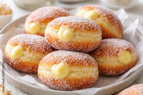 Canvastavla Sugar Dusting Cream-Filled Donuts Piled on a Plate in Soft Focus