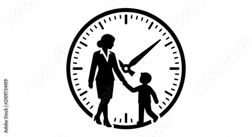 Mother and Child with Clock Silhouette Vector