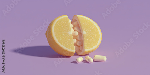 A lemon cut in half, revealing white pills inside, with more pills scattered around. The background is a solid pastel purple