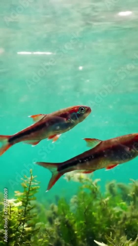 Two colorful small fish swimming underwater, vibrant freshwater aquarium life.
