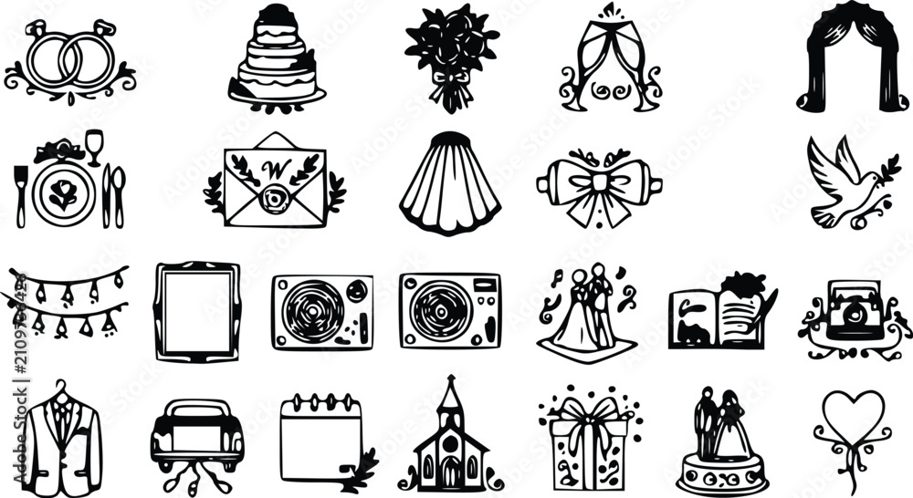 Naklejka premium Collection of hand drawn wedding icons set featuring rings cake flowers champagne glasses bride groom and romantic symbols