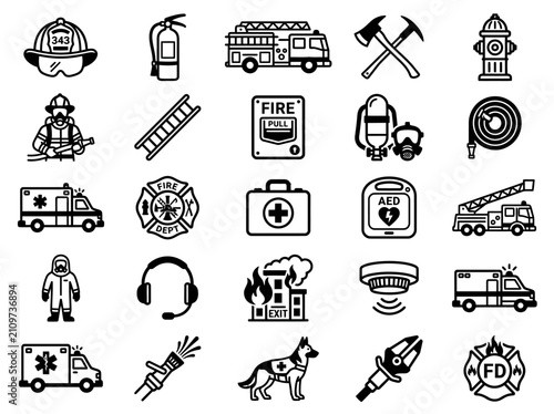 Firefighter Equipment Icons Set: Truck, Helmet, Axe, Hose, Ambulance, Ladder, EMS