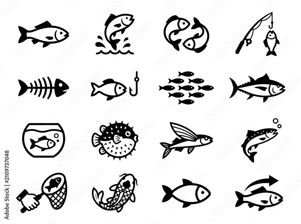 Obraz premium Fish Icons Set - Fishing, Seafood, Marine Life, Aquatic Animals