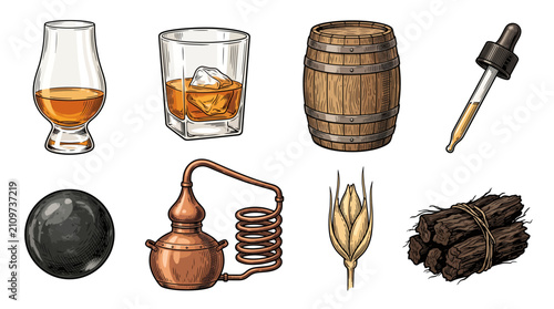 Whiskey Distillery and Tasting Icon Set with Pot Still, Glencairn Glass, Oak Barrel, and Barley