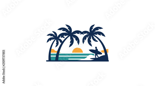 Surfer Palm Tree Sunset Badge Design