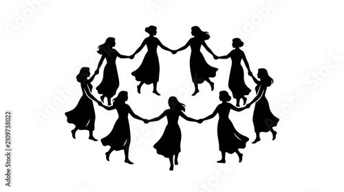 Women Holding Hands Circle Silhouette Vector