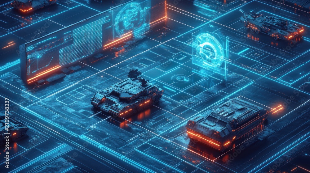 Fototapeta premium Cybernetic futuristic war scene with tanks, displays, and circuit board layout