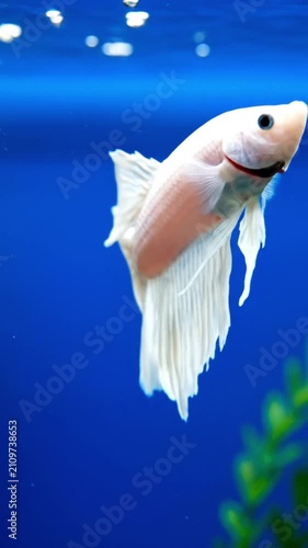 White betta fish swimming in aquarium, bubbles rising in blue water background.