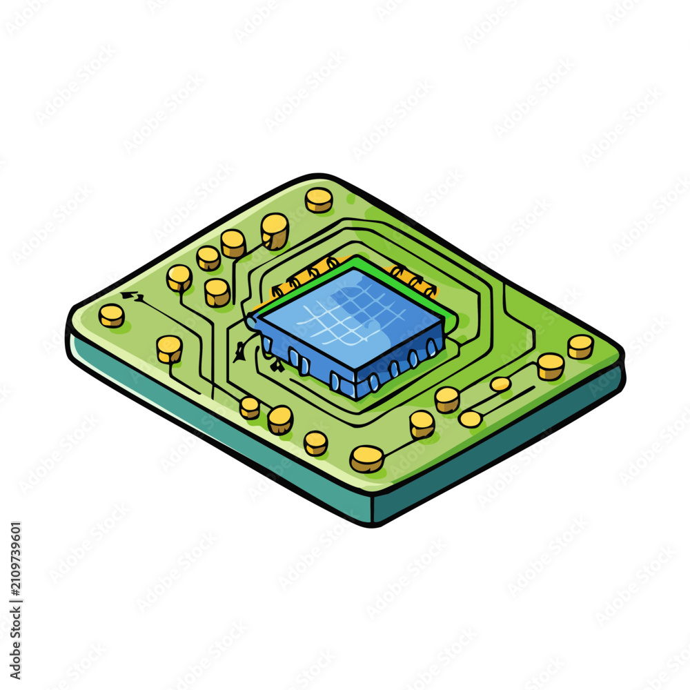Fototapeta premium Isometric illustration of a single computer processor chip with blue circuitry and green board