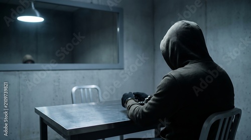 Hooded Figure Sitting in Interrogation Room.