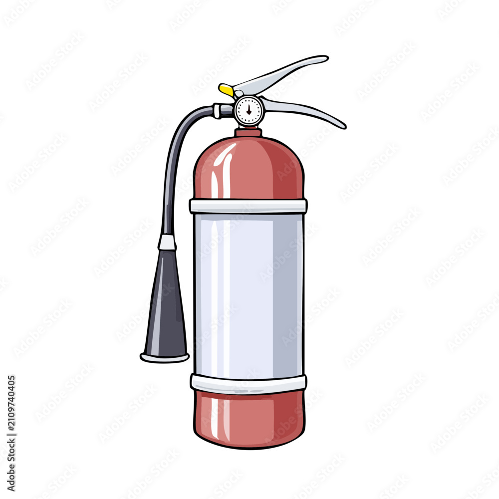 Obraz premium Red and white fire extinguisher with black hose and nozzle clean and simple illustration