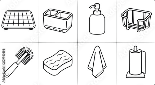 Household utility icons for dish washing and kitchen organization including sponge and soap pump on transparent background.
