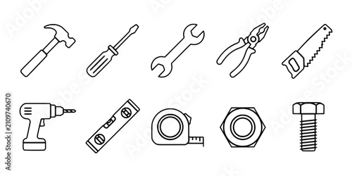 Fotografie Industrial hardware tools coloring icons set with hammer screwdriver wrench pliers saw drill level tape measure nut and bolt