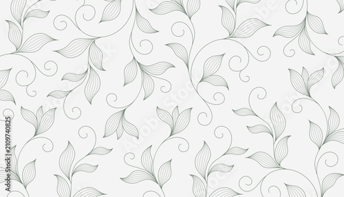 Minimal Green Botanical Leaf Line Art Seamless Floral Pattern on White Background