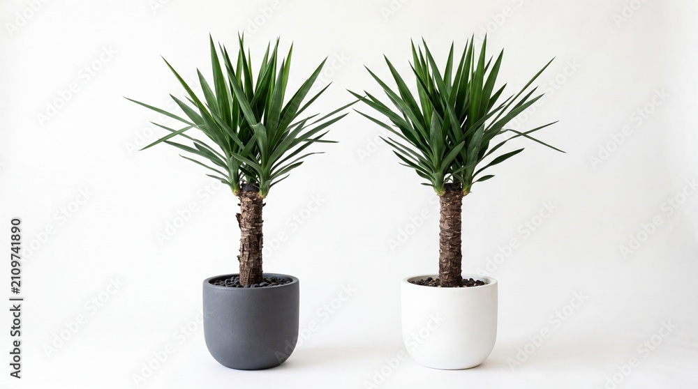 Fototapeta premium Two vibrant green yucca plants in ceramic pots displayed side by side on white background