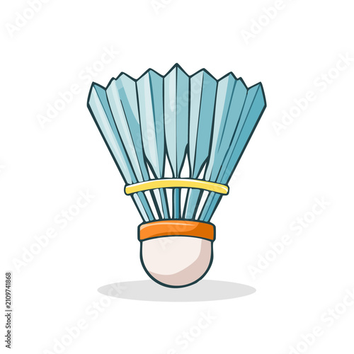 Close up of a blue badminton shuttlecock with a white base and yellow ring