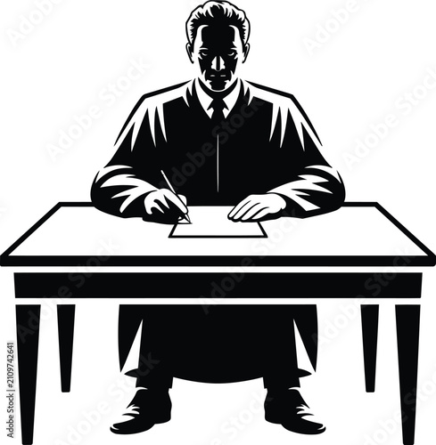 Cuadro en lienzo Judge sitting at desk writing a legal document in black and white, serious male