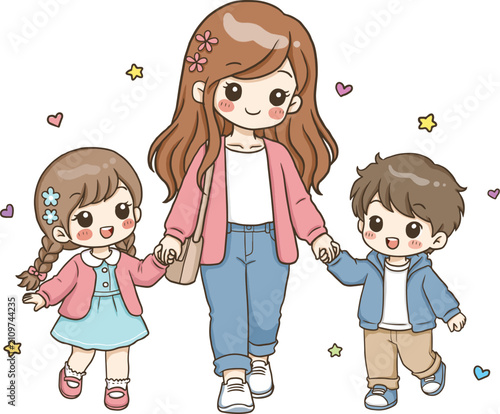 Cute Mother Walking with Son and Daughter Clipart Mother's Day Kawaii Family Cartoon