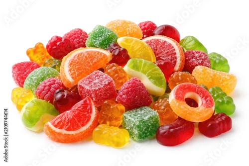 Foto Colorful Assorted Fruit Gummies Piled Together on White Background