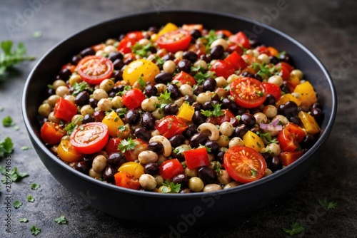 Foto Colorful Bean Salad with Cherry Tomatoes and Fresh Herbs in a Black Bowl