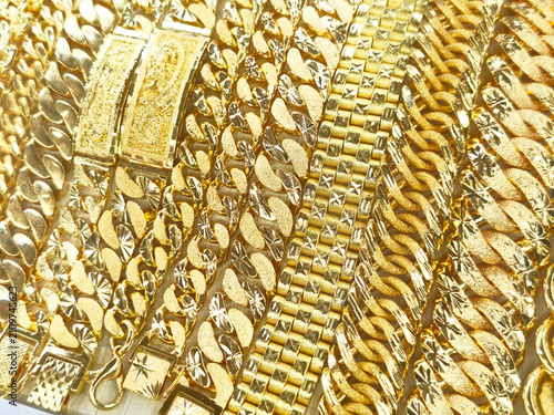 Closeup of luxury gold bracelet display