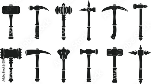 Fotografi Medieval fantasy weapons collection featuring hammer, mace, war pick, and battle