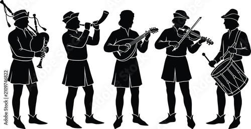 Tableau sur toile Medieval traveling musicians and minstrels playing bagpipes, horn, lute, fiddle,