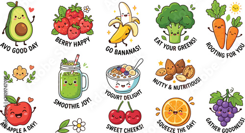 Obraz na płótnie Cute healthy food cartoon character sticker set with funny fruit and vegetable p