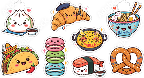 Obraz na płótnie Cute international food cartoon character sticker sheet featuring ramen taco cro