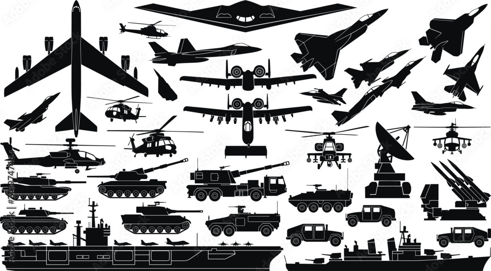 Φωτογραφία Military vehicles and aircraft silhouettes, fighter jets, tanks, helicopters, warships, armored trucks, missile launchers, navy carrier, army equipment icons, combat force
